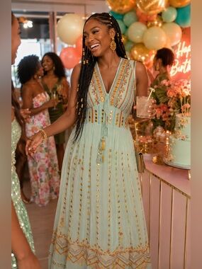 NWT Luxe Mint Maxi Dress with Gold Embellishment